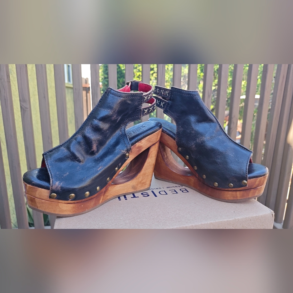 Bed Stu Imelda Wedge, Size 7, Like New Black Leather Peep-Toe
